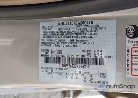 2007 Lincoln Mkz from USA, damaged, VIN 3LNHM26TX7R664249